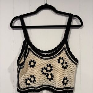 Le Lis Black and Cream Floral Crochet Crop Top